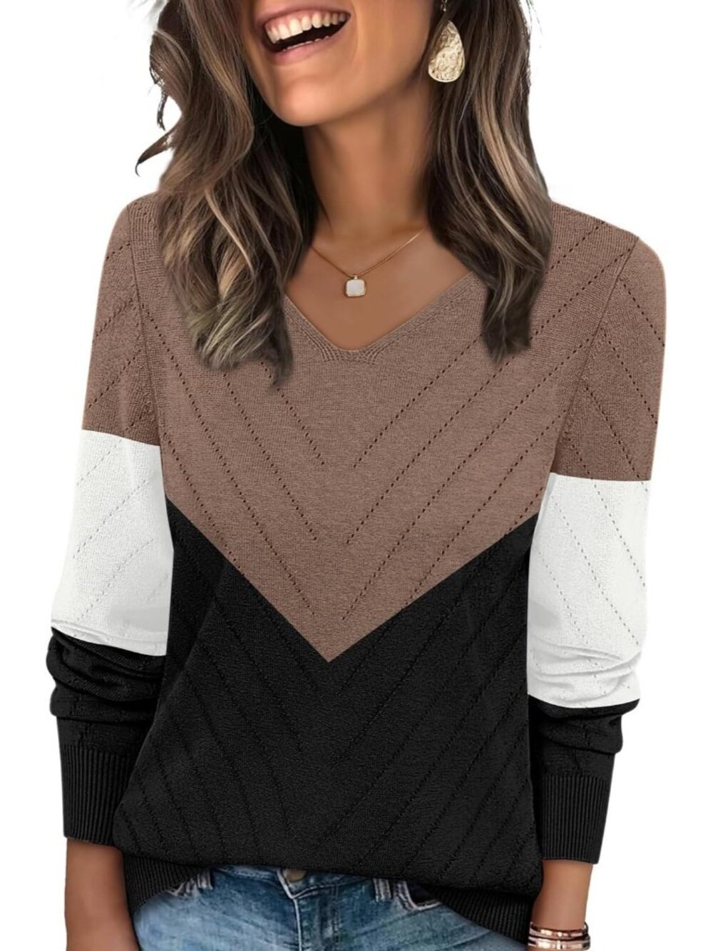 Women's Coffee Black V Neck Casual Knit Long Sleeve Lightweight Pullover Sweater